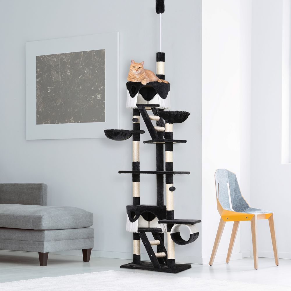 Floor to Ceiling Cat Tree, 240-260cm Adjustable Height Cat Tower with Scratching Posts, Cat Houses, Ramps, Hammocks, Toy Balls, Tunnel for Indoor Cats - Black