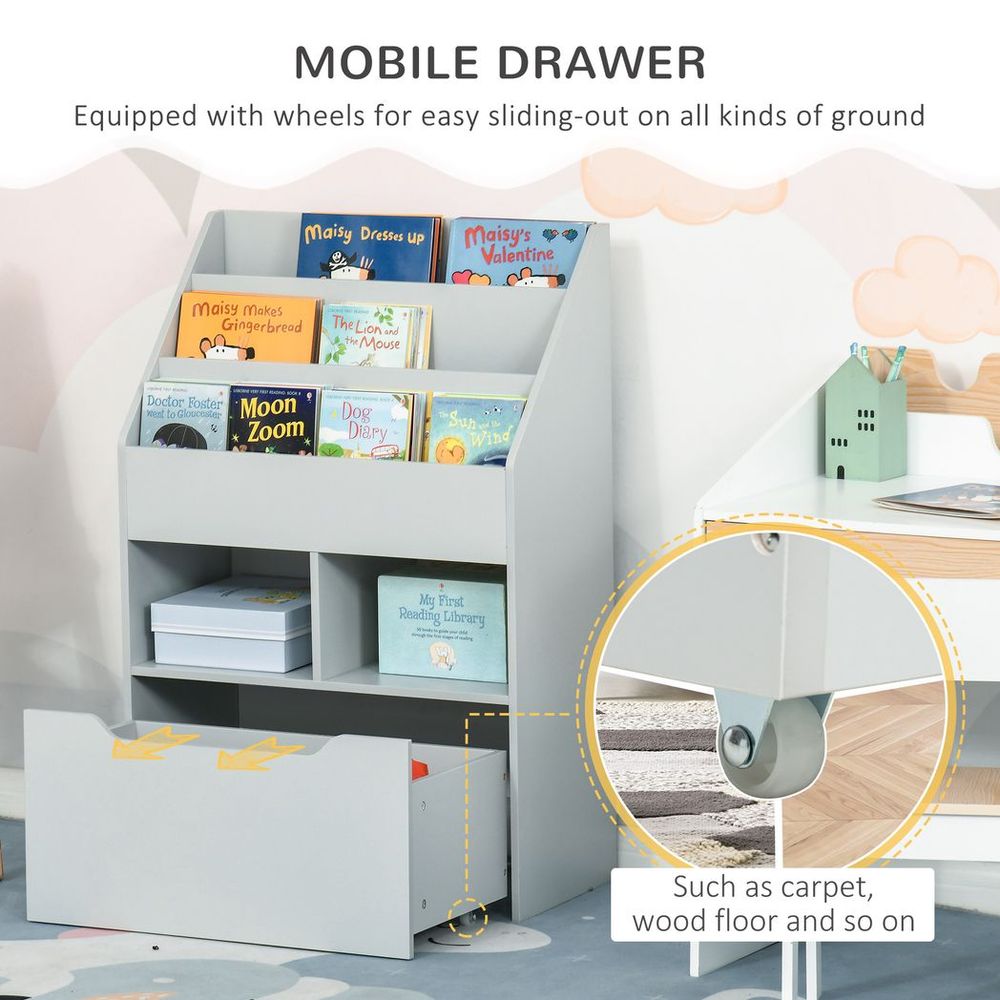Kids Bookshelf, Toy Box w/ Storage Drawer, Wheels, for Bedroom - Grey