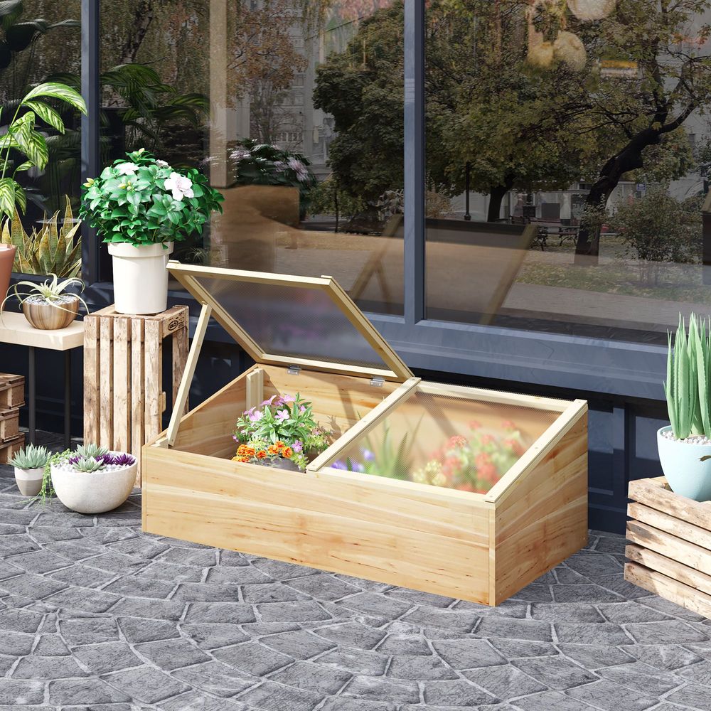 Wooden Cold Frame Greenhouse, 100 x 50 x 36 cm, Natural - Easy Access