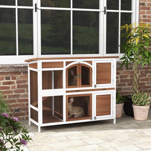 Two-Tier Wooden Rabbit Hutch w/ Openable Roof, Slide-Out Tray, Ramp