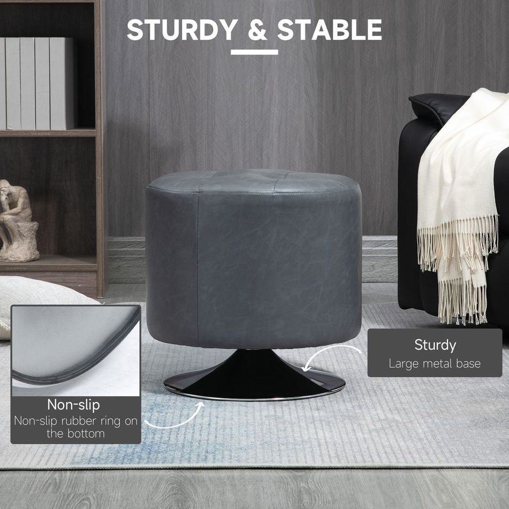360 Swivel Foot Stool Ottoman, Grey - Thick Padding, Steel Base - PU Leather