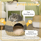 Wicker Cat House, Rattan Raised Cat Bed, Comfy Cushion - 40x30cm