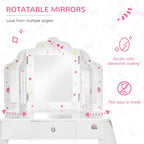 Kids Vanity Table & Stool Girls Dressing Set Make Up Desk Chair Dresser Play Set with Rotatable Mirrors Drawer Star & Heart Pattern White E