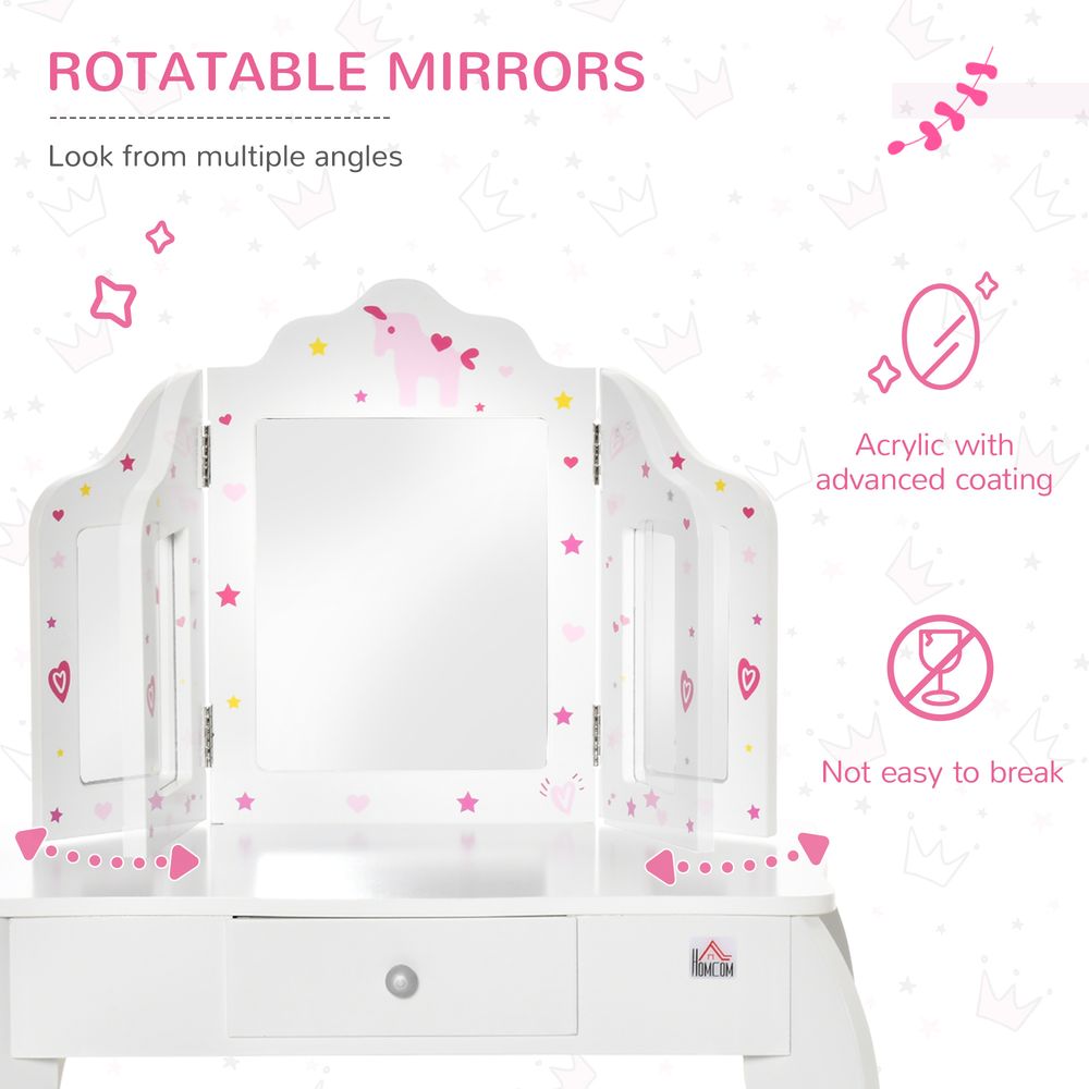 Kids Vanity Table & Stool Girls Dressing Set Make Up Desk Chair Dresser Play Set with Rotatable Mirrors Drawer Star & Heart Pattern White E