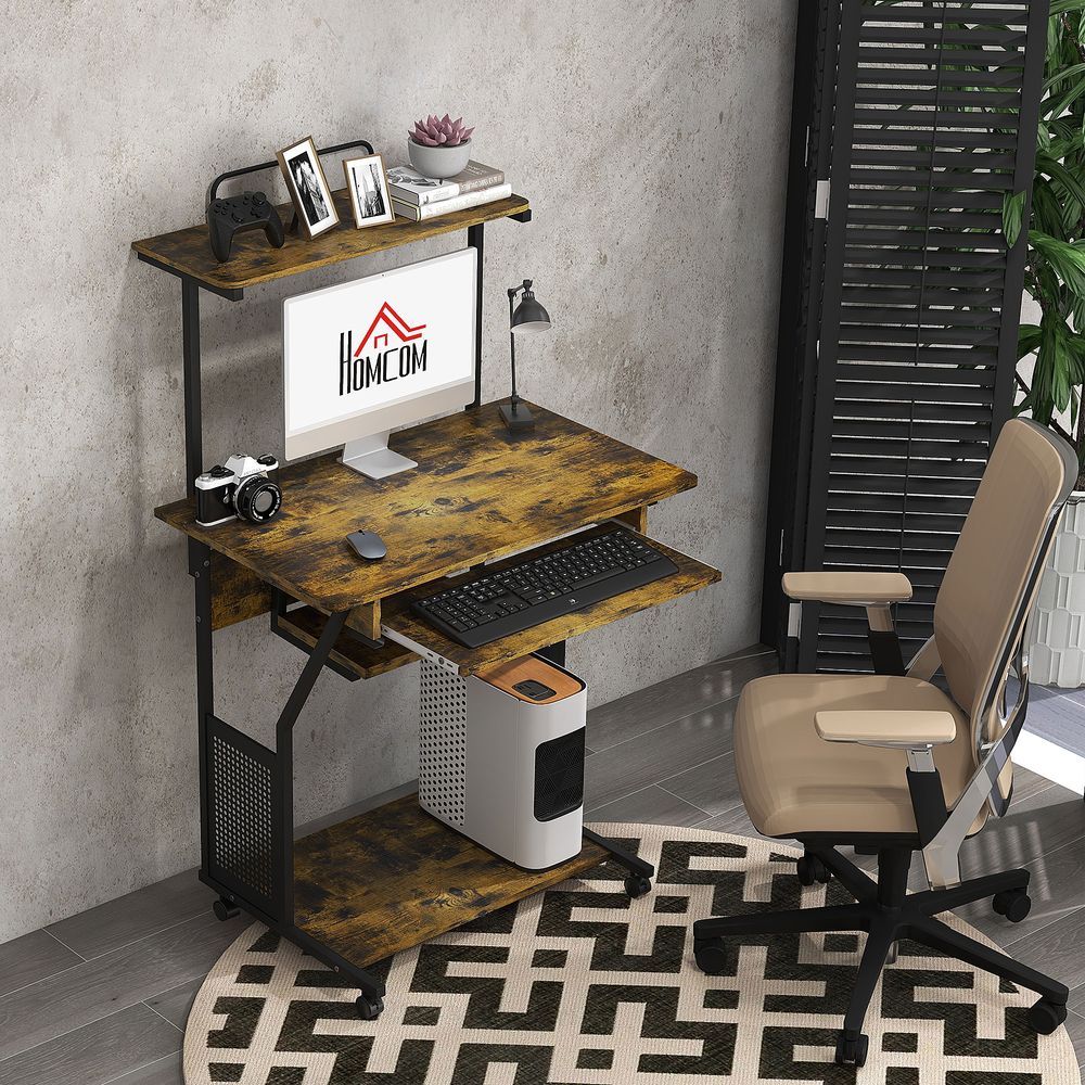 Rolling Computer Desk with Keyboard Tray and Storage Shelves, Rustic Brown