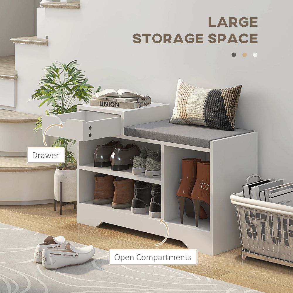 Upholstered Entryway Shoe Bench with Storage Drawer Open Shelf White