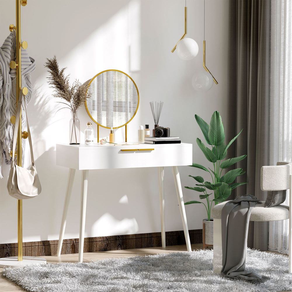 Elegant White Dressing Table with Round Mirror & 2 Drawers - Makeup Vanity Desk