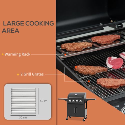 4 Burner Gas Grill Portable BBQ Trolley w/ 4 Wheels and Side Shelves