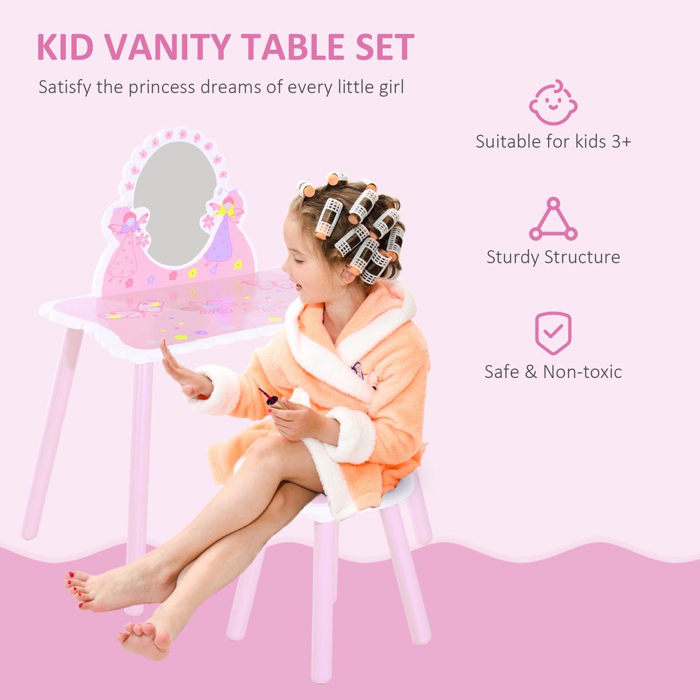 Kids Dressing Table Girls Pink Wooden Kids Dressing Table & Stool Make Up Desk Chair Toys Fairy Dresser Play Set w/Mirror