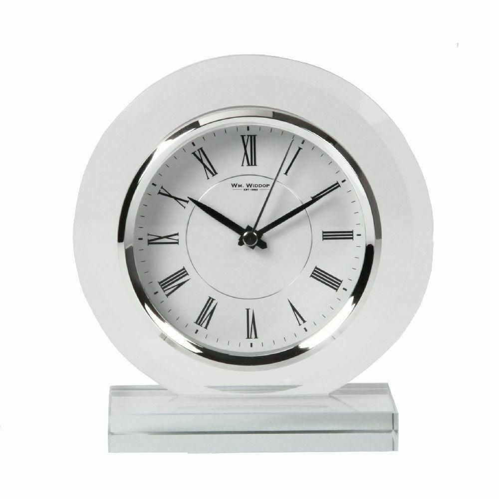 Wm.Widdop Round Glass Mantel Clock - Contemporary Design, Silver Bezel, Roman Numeral Dial - Gift, Long-lasting Style