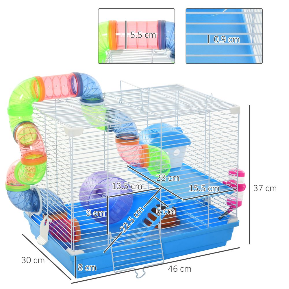 2 Tier Hamster Cage Carrier Habitat Small Animal House with Exercise Wheels Tunnel Tube Water Bottle Dishes House Ladder for Dwarf Mice, Blue