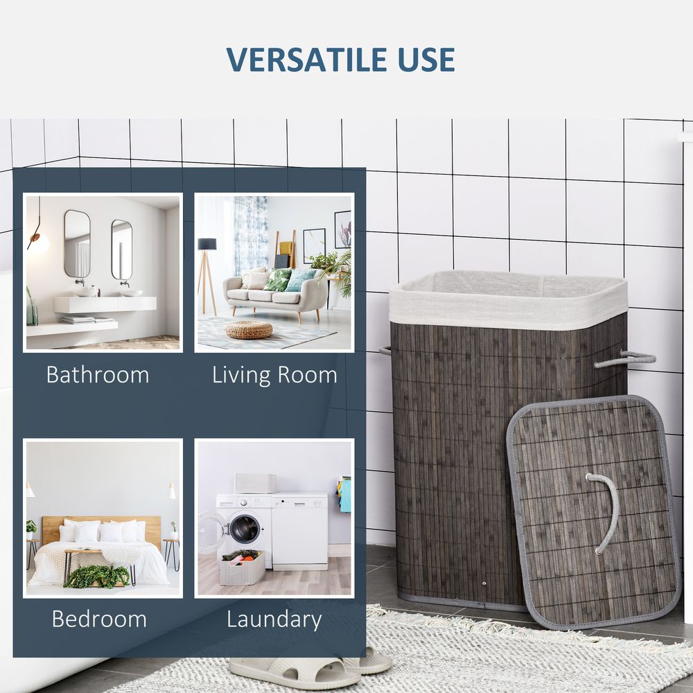 Bamboo Laundry Basket with Flip Lid Foldable, Grey Handles Lining