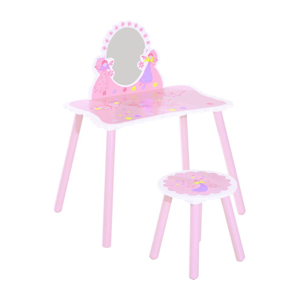 Kids Dressing Table Girls Pink Wooden Kids Dressing Table & Stool Make Up Desk Chair Toys Fairy Dresser Play Set w/Mirror
