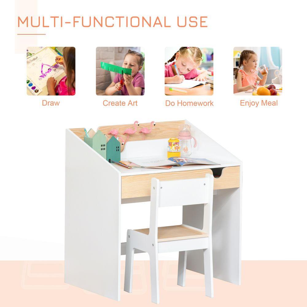 Kids Desk and Chair Set 2 Pieces Children Study Table with Storage Pull-Out Drawer Bookshelf for 3-6 Years Writing, Reading, Drawing