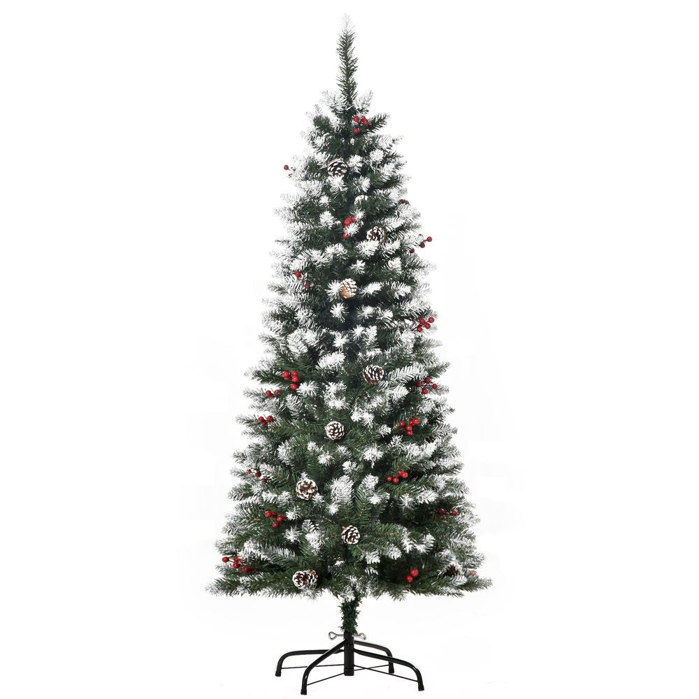 5FT Artificial Christmas Tree Pencil Tree Berries Pinecones Foldable Feet Green