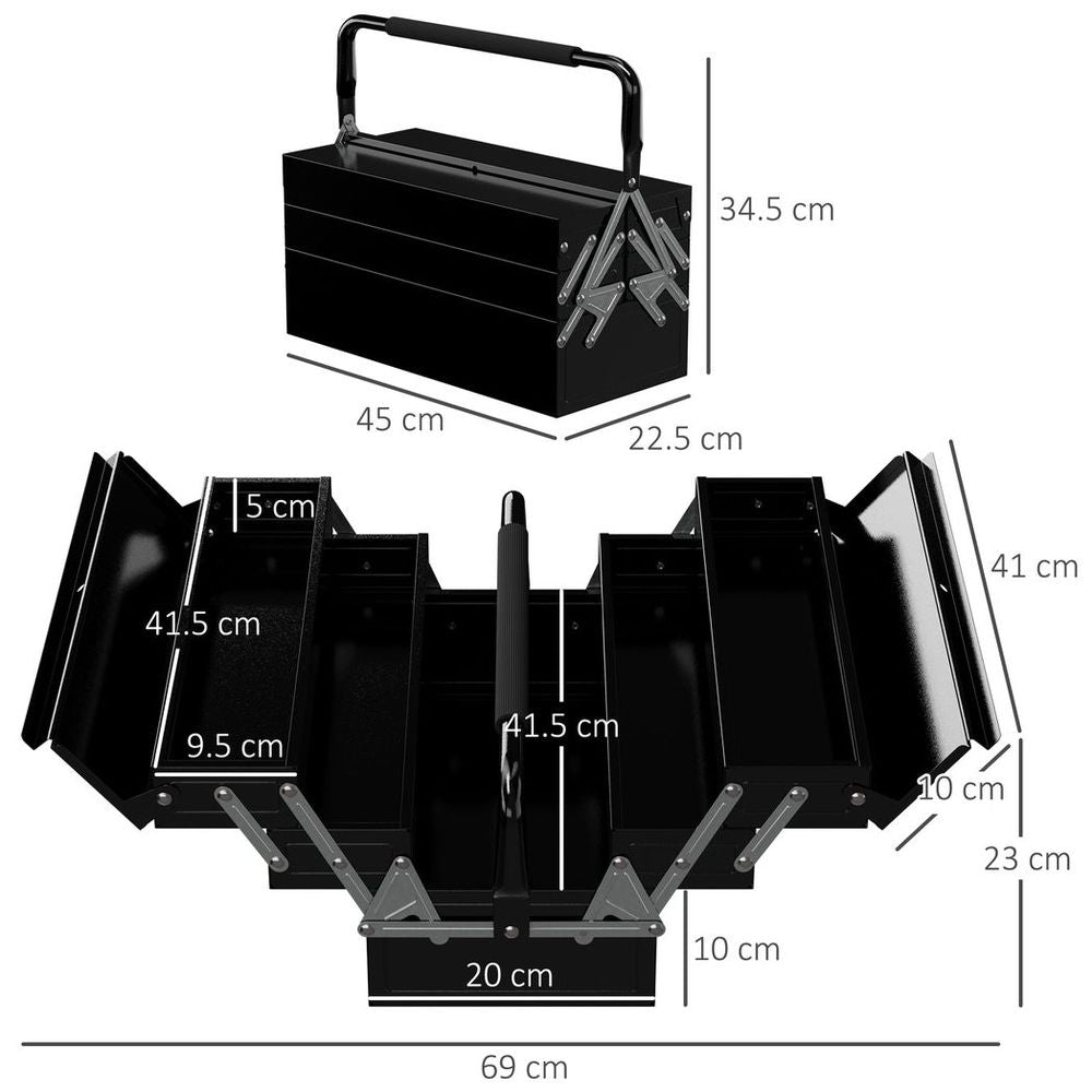 3 Tier Metal Toolbox with 5 Tray Carry Handle 45cmx22.5cmx34.5cm Black
