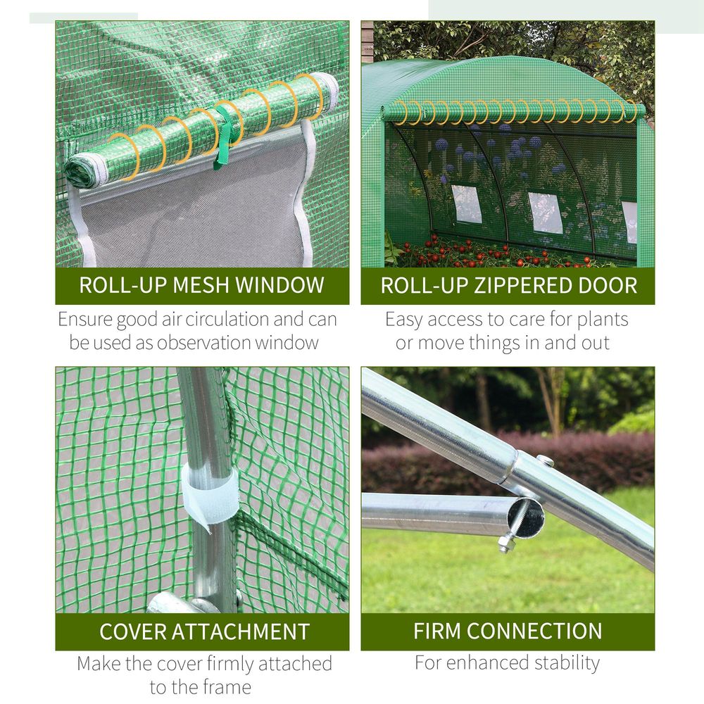 Tunnel Greenhouse with Roll-Up Door & 6 Windows - Green