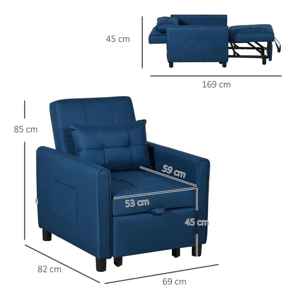 Pull Out Chair Bed, Sleeper Chair with Pillow, Side Pockets, Blue