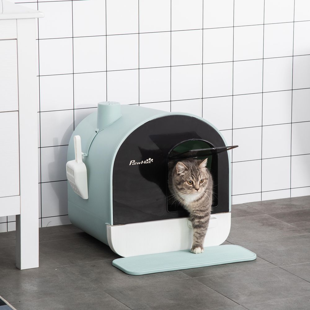 Cat Litter Box Kitten Litter Tray w/Hood, Scoop, Filter, Flap Door, 43 x 44 x 47cm - Green