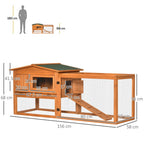Rabbit Hutch with Run Wooden Guinea Hutch Outdoor Bunny Cage Hide House with Sliding Tray, Hay Rack, Ramp, 156 x 58 x 68cm, Orange