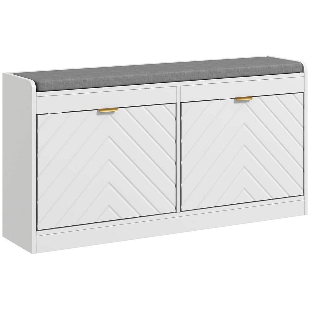 Shoe Bench with 2 Flip Drawers, Cushion, 8 Pairs for Entryway White