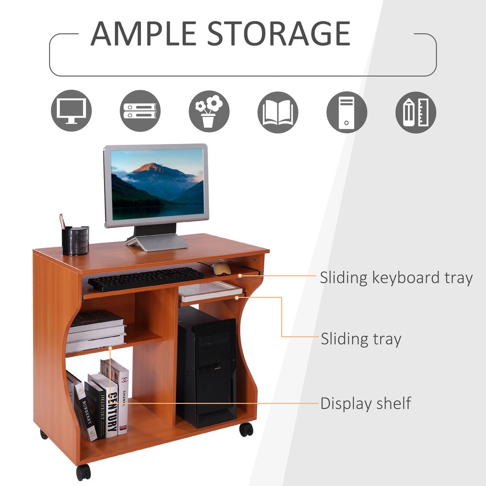 Portable Computer Desk with Storage Shelf - Wheels - Cherry Wood