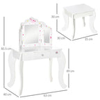 Kids Vanity Table & Stool Girls Dressing Set Make Up Desk Chair Dresser Play Set with Rotatable Mirrors Drawer Star & Heart Pattern White E
