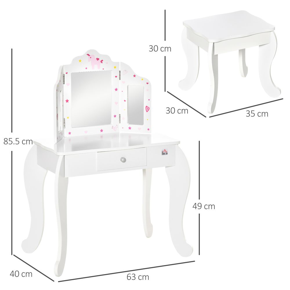 Kids Vanity Table & Stool Girls Dressing Set Make Up Desk Chair Dresser Play Set with Rotatable Mirrors Drawer Star & Heart Pattern White E