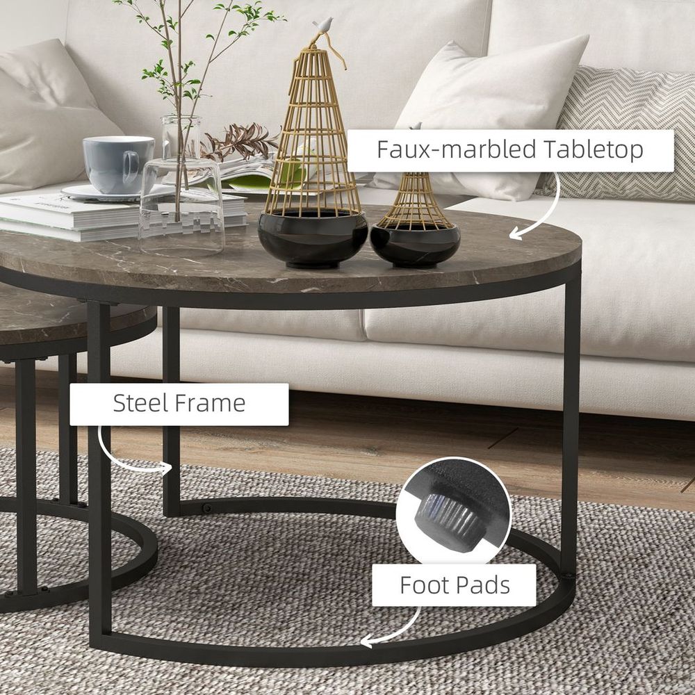 2-Pc Stacking Coffee Table Set: Steel Frame, Marble-Effect, Foot Pads