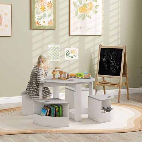 5-Piece Kids Table and Chairs Set w/ Storage for 3-8 Years Old-Grey