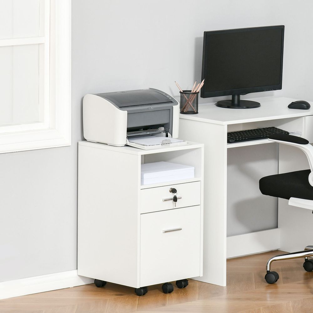 Mobile File Cabinet Lockable Storage Unit Cupboard for A4 Letter Home Filing Furniture for Office, Bedroom and Living Room, 39x40x65cm, White