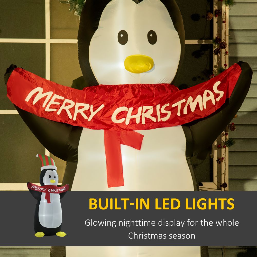 8ft Inflatable Penguin & Christmas Banner Decoration w/Inner LED Lights Indoor Outdoor Weather-Resistant Shell Fun Cute
