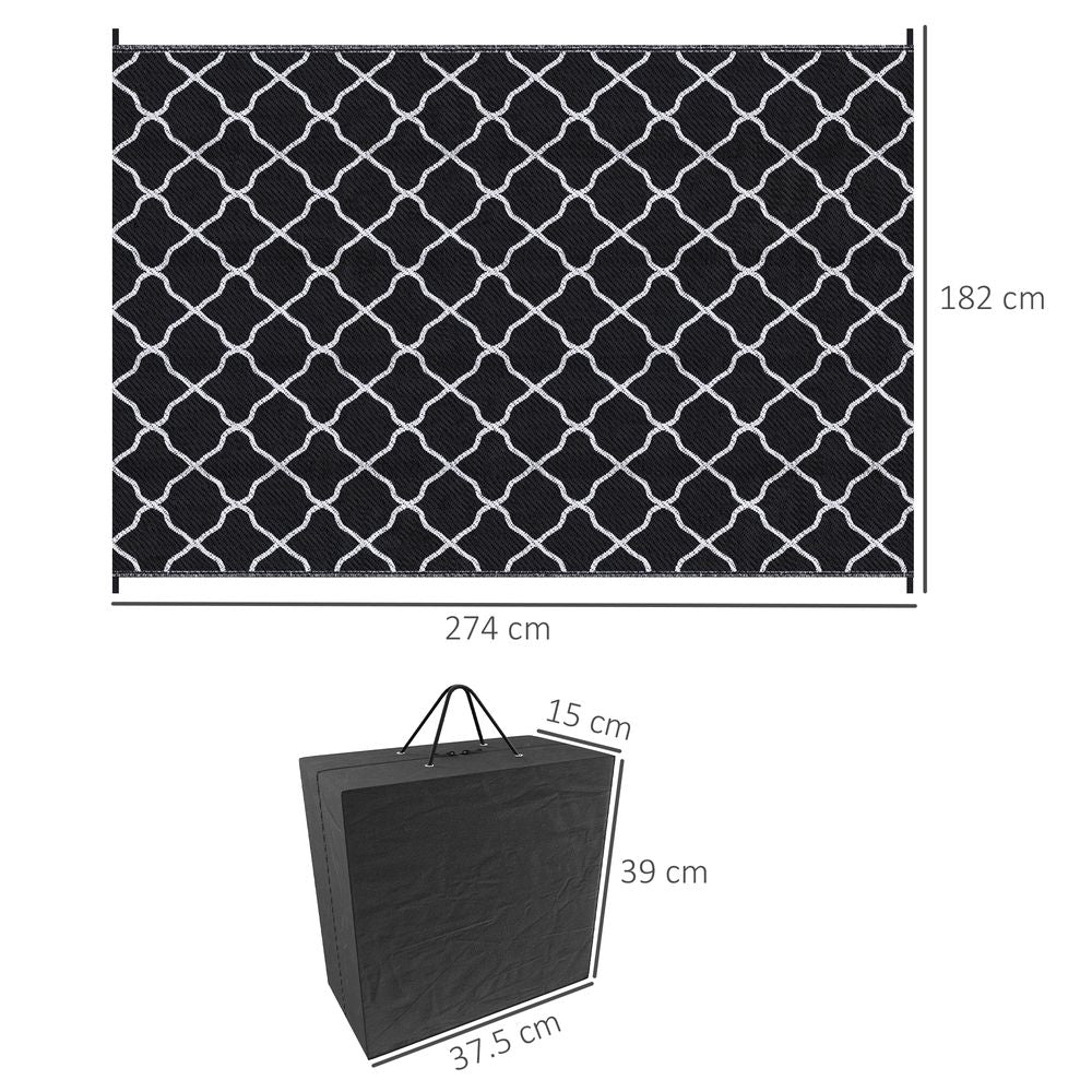 182x274cm Reversible Waterproof Outdoor Rug w/ Carry Bag - Ideal for Camping, Picnics, Festivals - Durable & Water-Resistant - Black