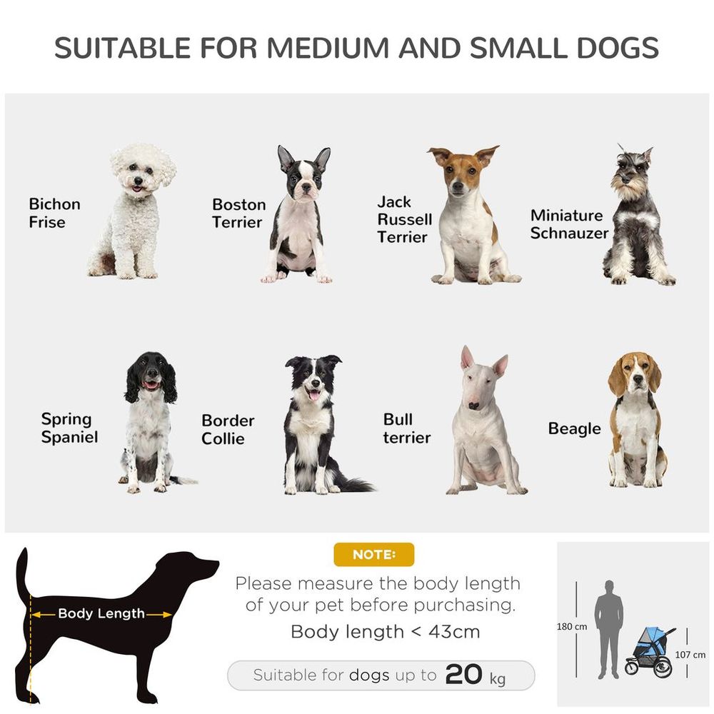 3 Wheel Pet Stroller - Blue - Foldable Cat Pram + Soft Mat - Medium Small Dogs - All Terrains