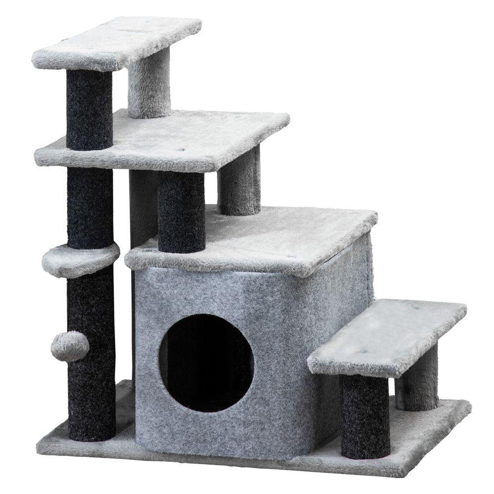 Dog Steps for Bed 4 Step Pet Stairs Cat House with Detachable Cover, Cat ladder for Sofa w/Hanging Balls - Grey