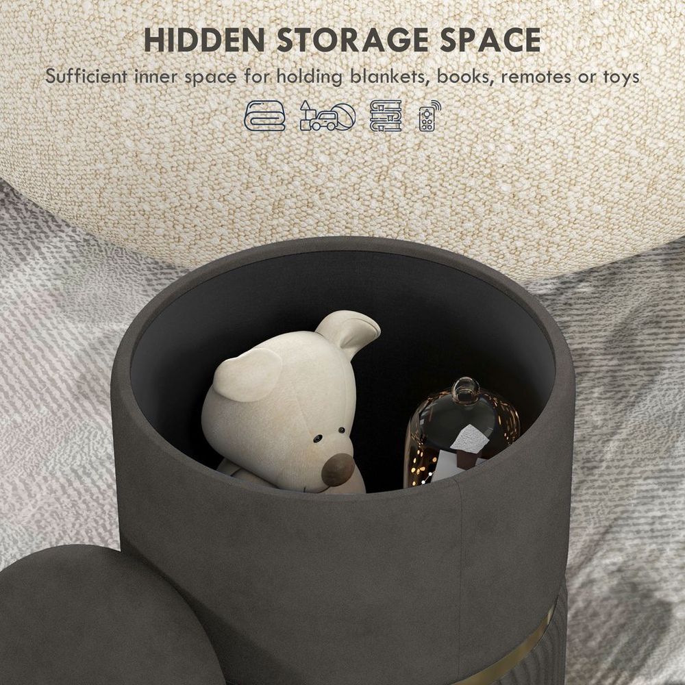 Round Pouffe, Storage Footstool with Cushioned Top, Hidden Space with Multifunctional Detail