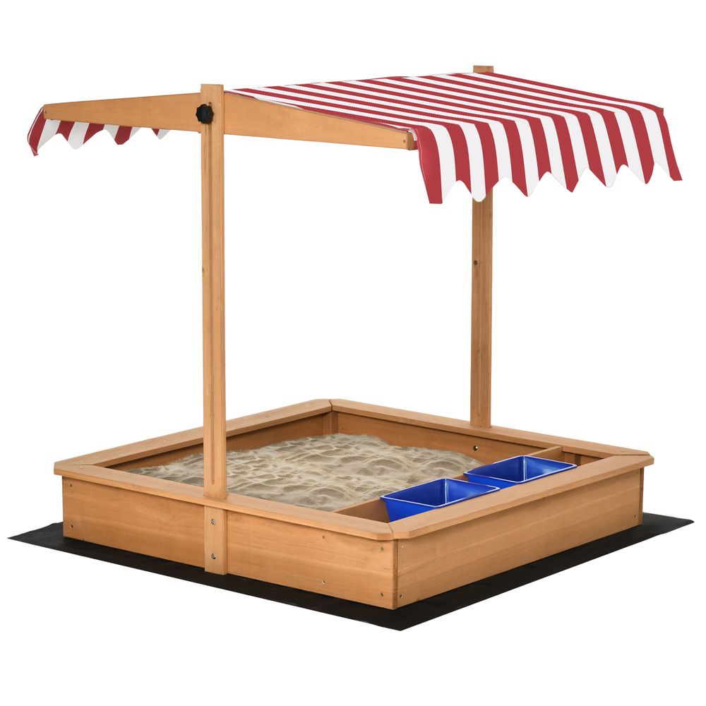 Sand Pit Kids Wooden Sandbox with Cover Children Sandpit Play Station Height Adjustable with Canopy, Bottom Liner, Plastic Basins for Outdoor Aged 3-7 Years