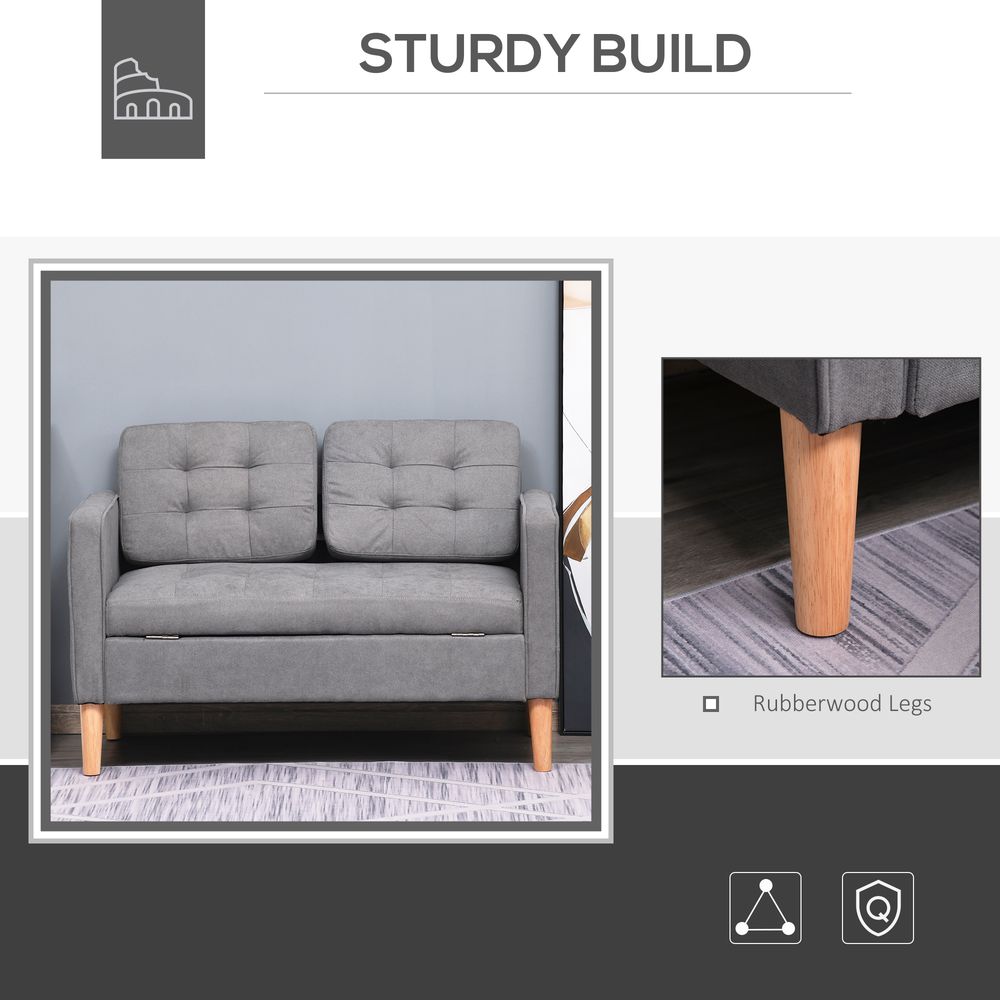 Compact Loveseat Sofa - 2 Seater with Storage & Wood Legs in Grey