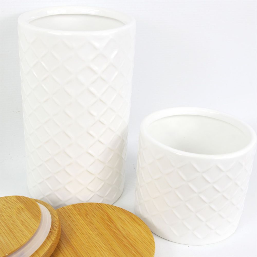 Set of Two Ceramic Jars Embossed Cream Canisters with Lids in Ceramic