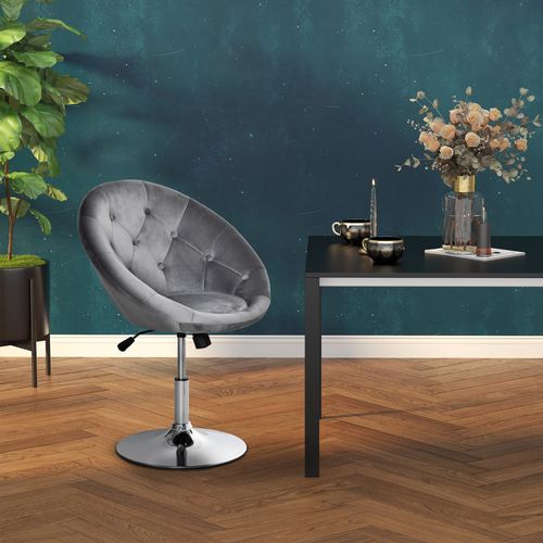 Swivel Dressing Stool, Velvet-feel Upholstered Vanity Chair, Adjustable Height Tub Makeup Chair with Button Tufting and Thick Padding, Breakfast Dining Chair, Grey