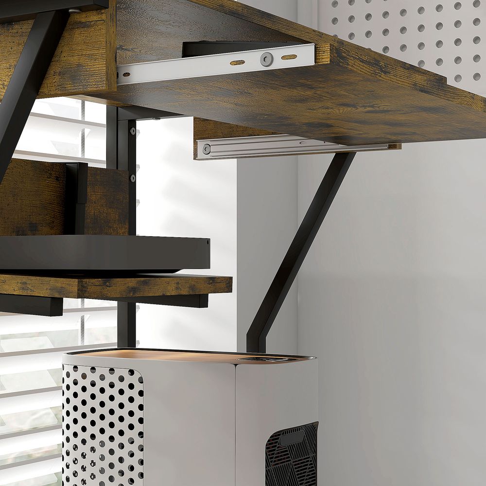 Rolling Computer Desk with Keyboard Tray and Storage Shelves, Rustic Brown