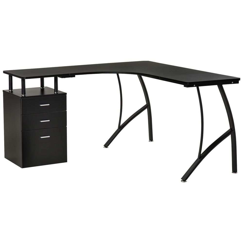 L-Shaped Computer Desk Table with Storage Drawer Home Office Corner Industrial Style Workstation for A4 Files 143.5 x 143.5 x 76cm, Black