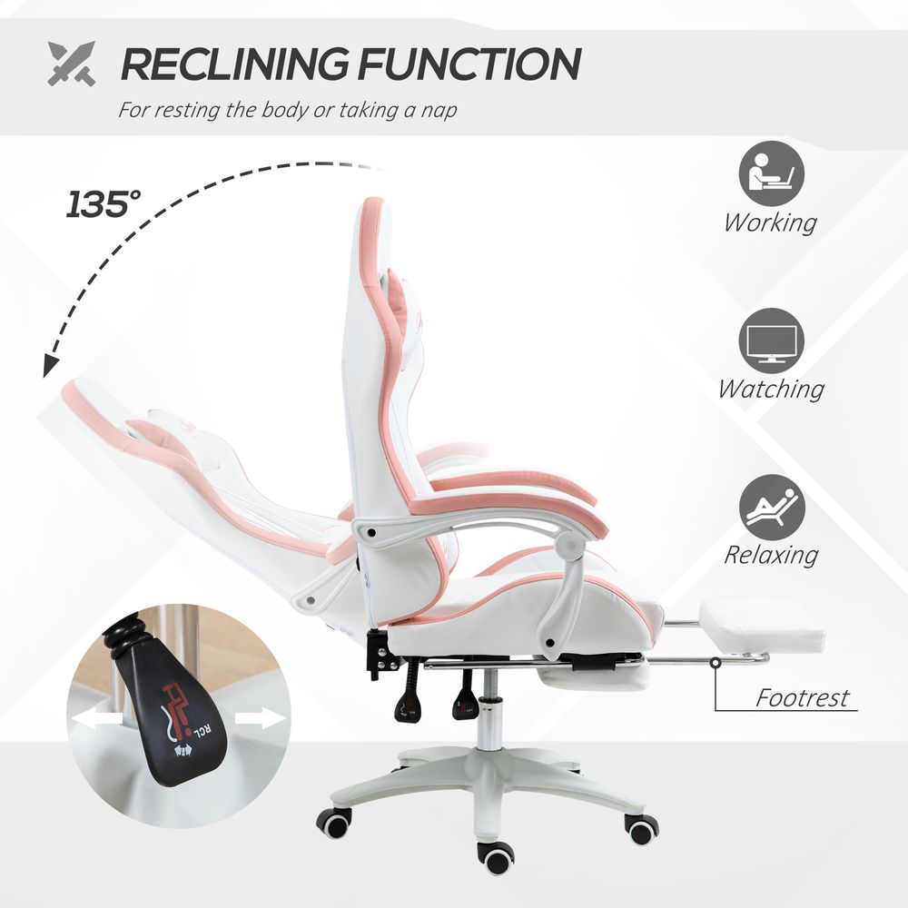 Racing Style Gaming Chair with Reclining Function & Footrest - Pink