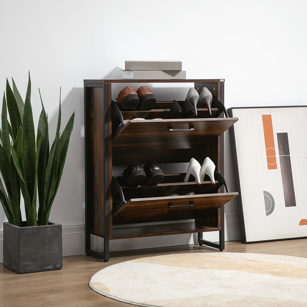 Rustic Brown Shoe Cabinet - 2 Flip Door, Divider, Entryway