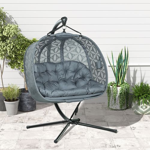 Double Hanging Swing Chair w/ Stand & Cup Holders, Charcoal Grey