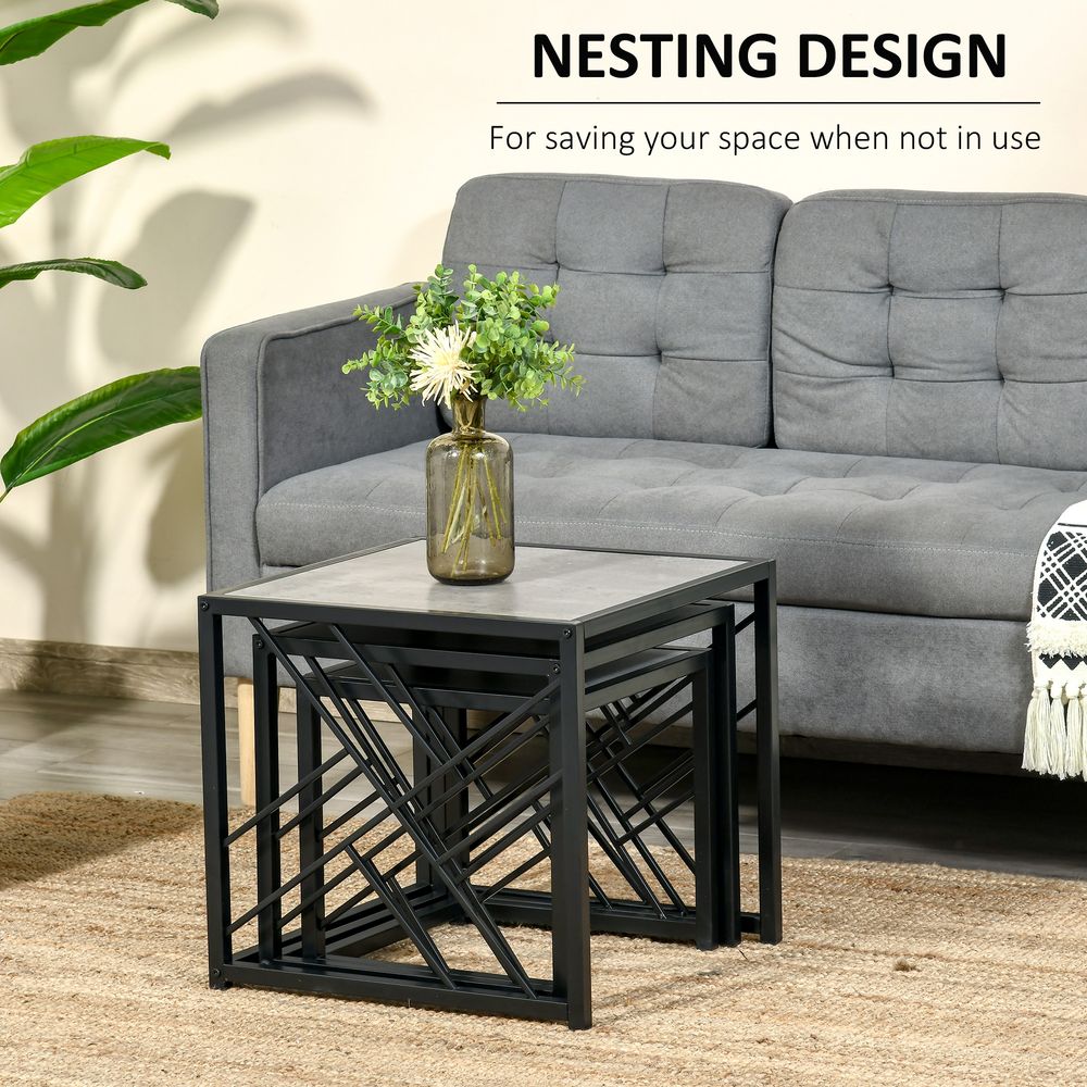 Nesting Coffee Tables, Set of 3 Square Side Tables with Black Metal Frame, for Living Room, Bedroom and Office, Grey