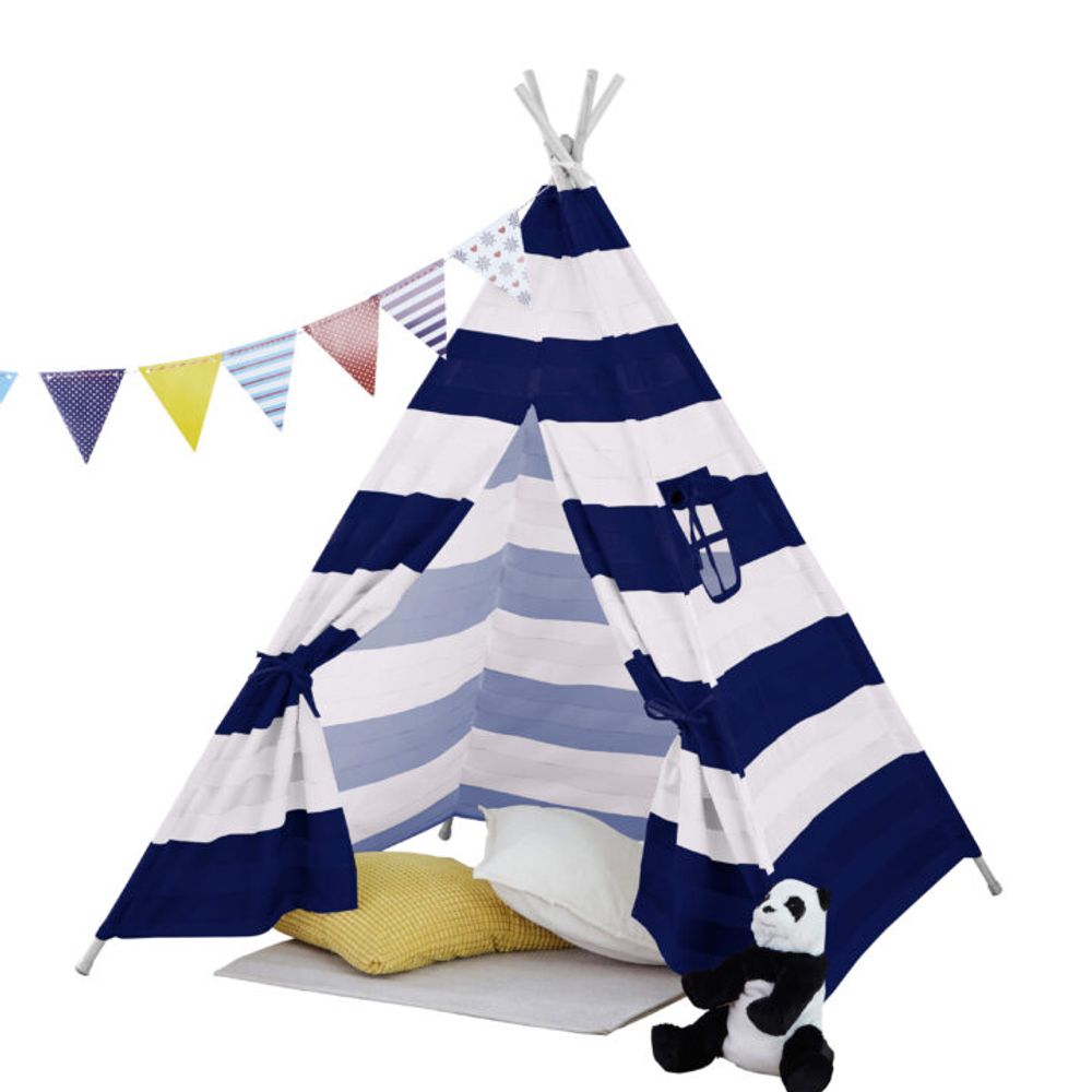 Neo Navy & White Stripe Kids Teepee - Quality Canvas Indian Tent for Hours of Fun