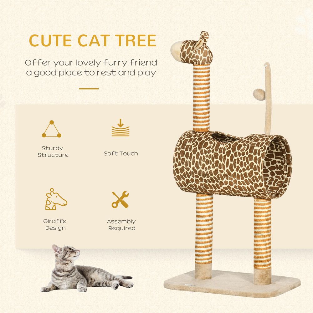 Cat Tree for Indoor Cats Cute Giraffe Kitten Play Tower w/Scratching Posts, Tunnel, Toy Ball, 48.5 x 34.5 x 101cm - Beige