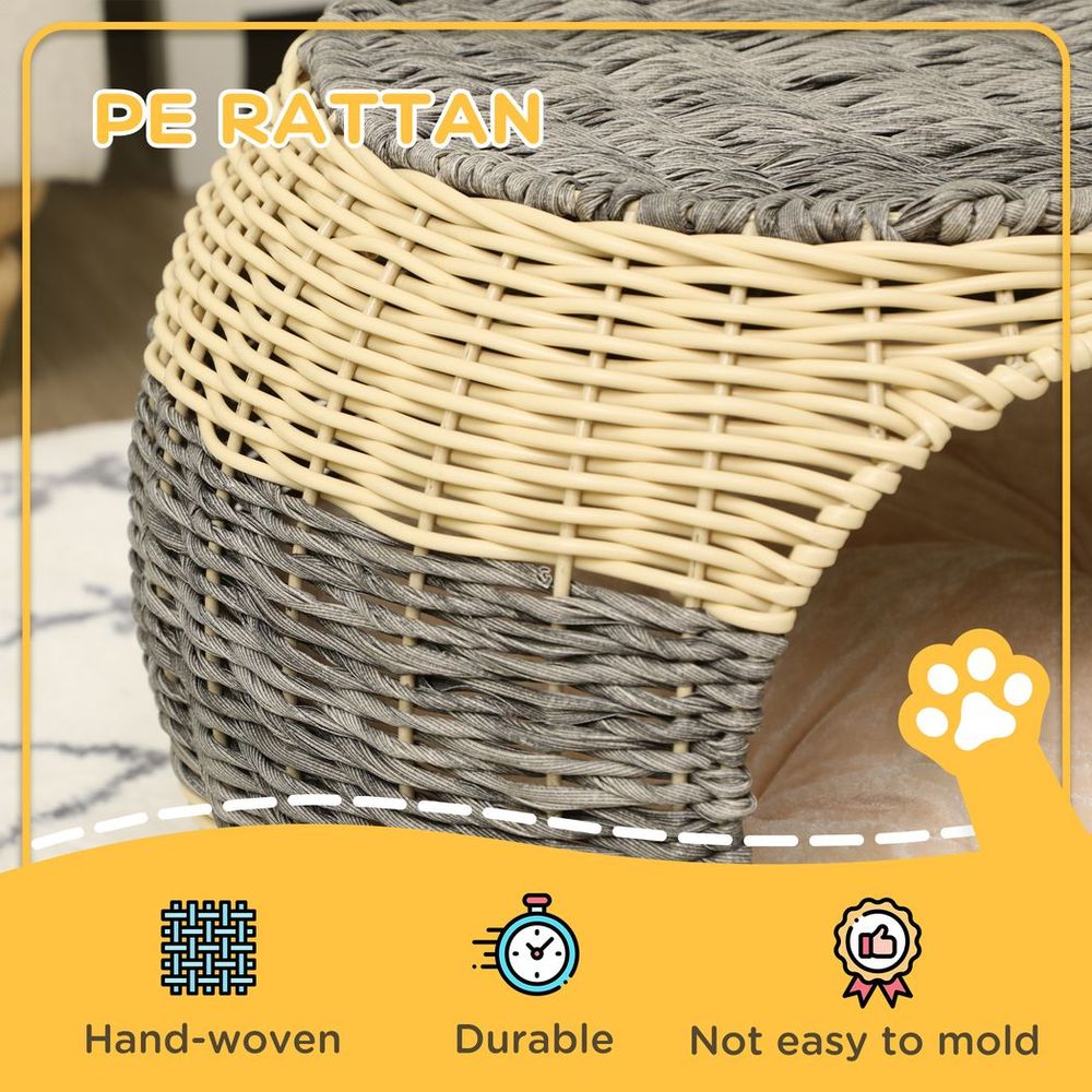 Wicker Cat House, Rattan Raised Cat Bed, Comfy Cushion - 40x30cm