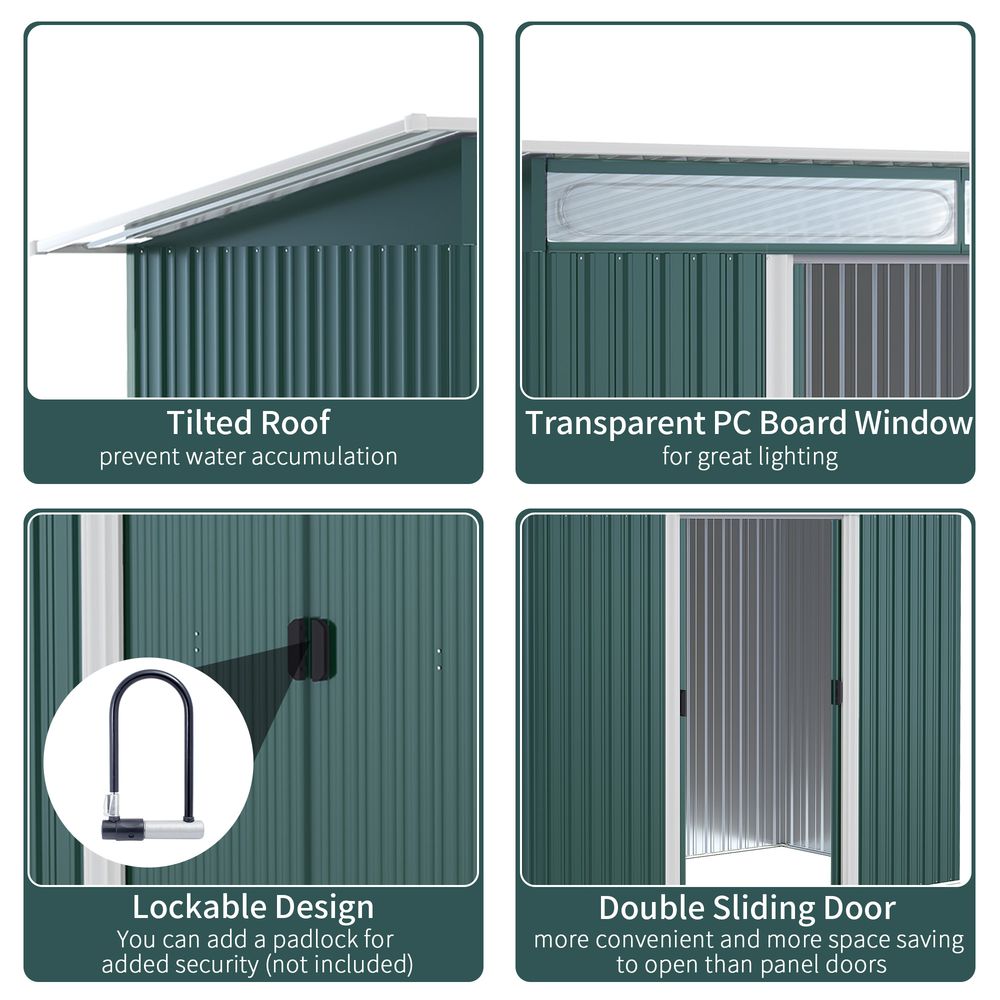 Pent Roofed Metal Shed Foundation Vent 260x133x200cm Sliding Door Green